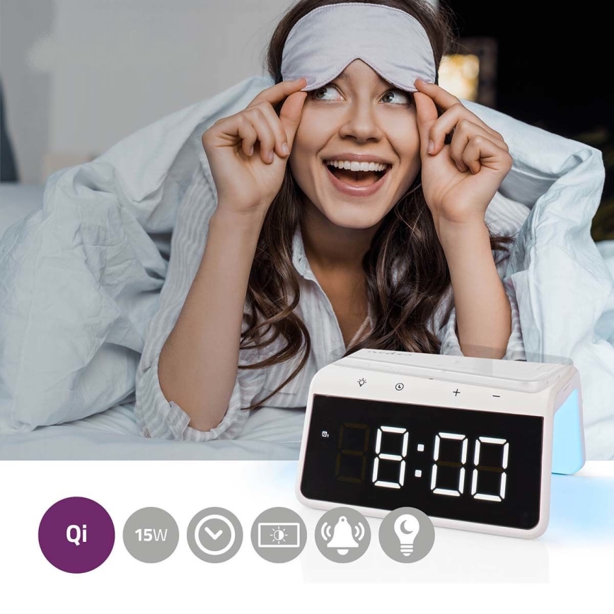 Reloj despertador con pantalla LCD y cargador inalámbrico 15W/5V 1xCR2032 blanco
