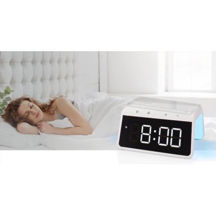 Reloj despertador con pantalla LCD y cargador inalámbrico 15W/5V 1xCR2032 blanco
