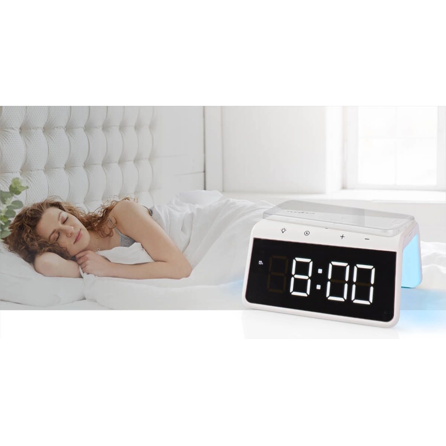 Reloj despertador con pantalla LCD y cargador inalámbrico 15W/5V 1xCR2032 blanco