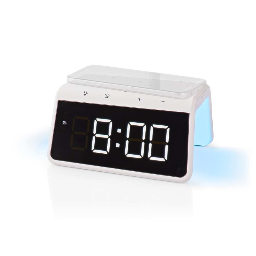 Reloj despertador con pantalla LCD y cargador inalámbrico 15W/5V 1xCR2032 blanco