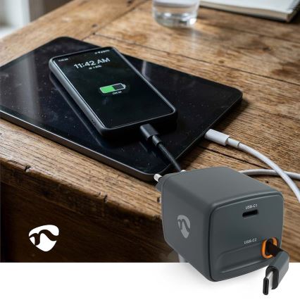 Cargador con cable retráctil Power Delivery de 30 W, 2 puertos USB-C, negro