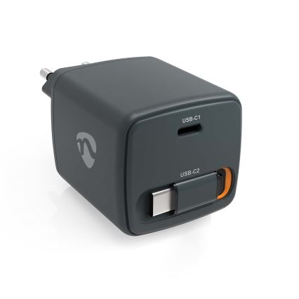 Cargador con cable retráctil Power Delivery de 30 W, 2 puertos USB-C, negro