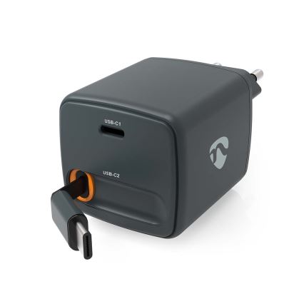 Cargador con cable retráctil Power Delivery de 30 W, 2 puertos USB-C, negro