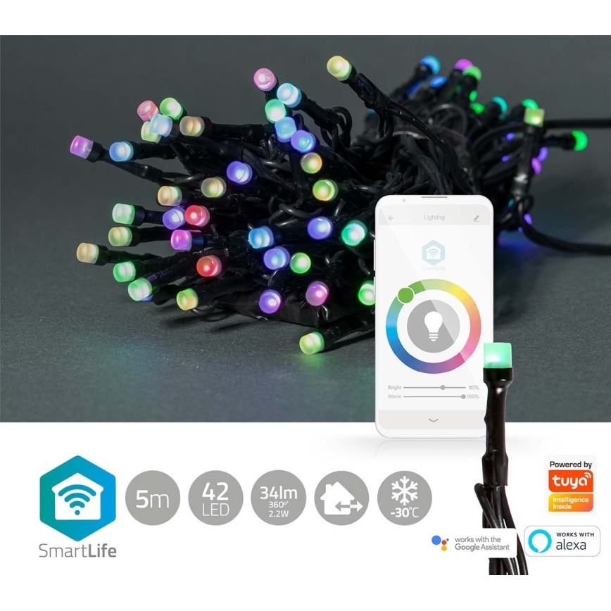 Cadena LED RGB para exterior, 42 LED / 8 modos, 8 m, IP65, Wi‑Fi Tuya