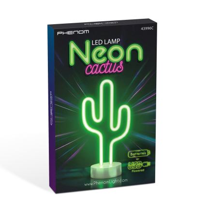 Neón LED de sobremesa Cactus — 2W, alimentación por 3x AA o USB