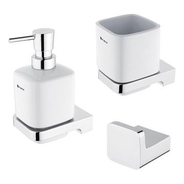 NIMCO MA set-31K-26 - Dispensador de jabón de pared, soporte para cepillos de dientes y gancho de pared MAYA 320 mm blanco/cromo brillante