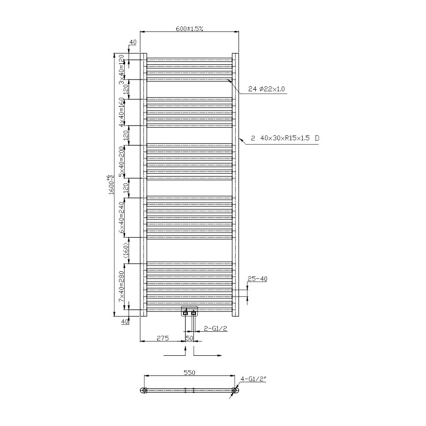 Novaservis - Radiador toallero para baño 544W/230V 160x60 cm cromado brillante recto