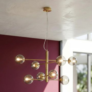 Ondaluce - Lámpara colgante con cable ELISEO 8xE14/10W/230V, diámetro 97 cm, dorado/beige ahumado