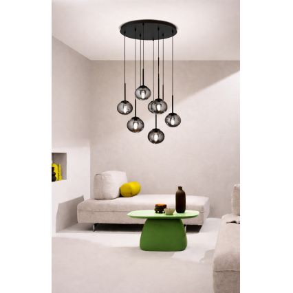Ondaluce - Lámpara colgante con cable JEWEL 8xE14/10W/230V diámetro 70 cm negro/negro ahumado