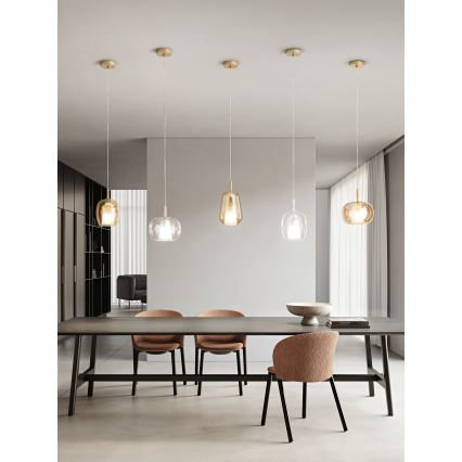 Ondaluce - Lámpara colgante con cable THELMA 1xE27/15W/230V Ø 19,5 cm dorada/transparente