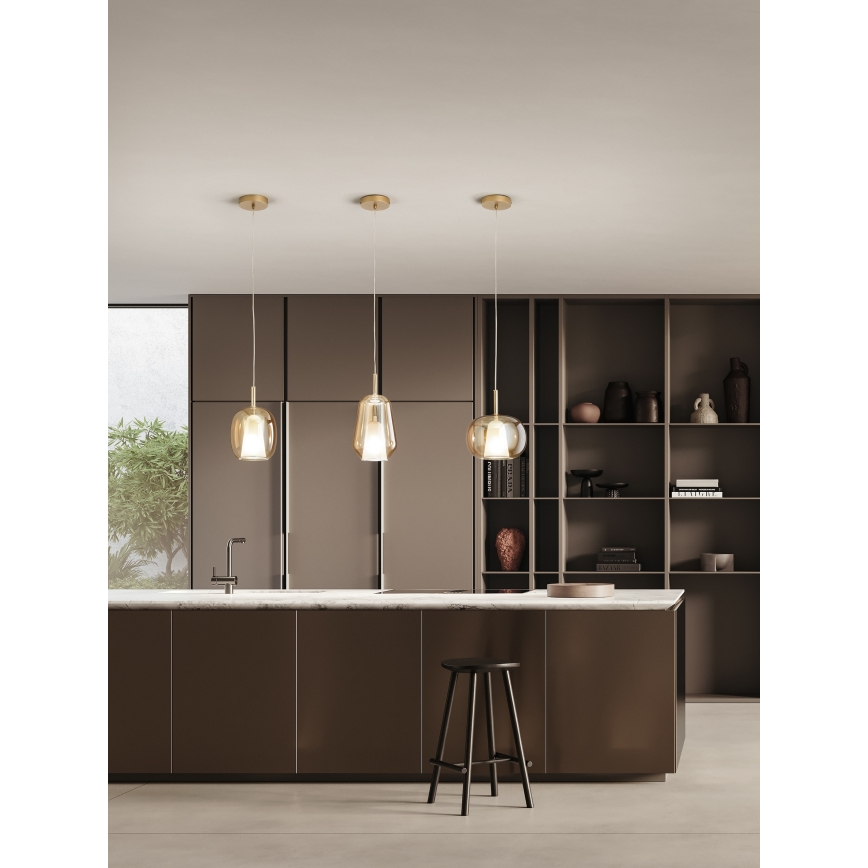 Ondaluce - Lámpara colgante con cable THELMA 1xE27/15W/230V Ø 19 cm dorado/beige ahumado