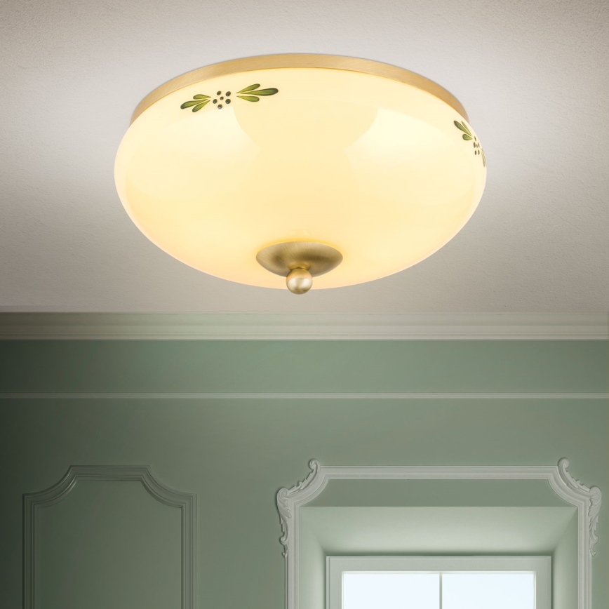 Lámpara de techo LANDHAUS 2xE27/60W/230V Ø 28 cm latón/beige/verde