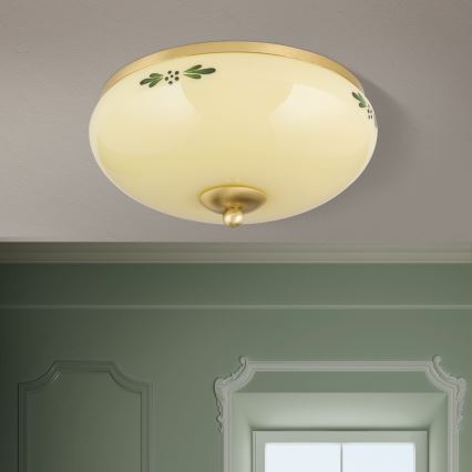 Lámpara de techo LANDHAUS 2xE27/60W/230V Ø 28 cm latón/beige/verde