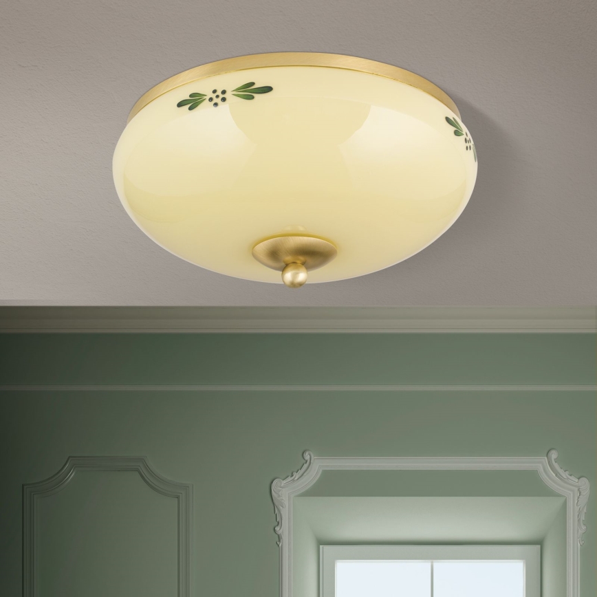 Lámpara de techo LANDHAUS 2xE27/60W/230V Ø 28 cm latón/beige/verde