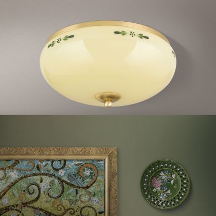 Lámpara de techo LANDHAUS 3xE27/60W/230V Ø 35 cm latón/beige/verde