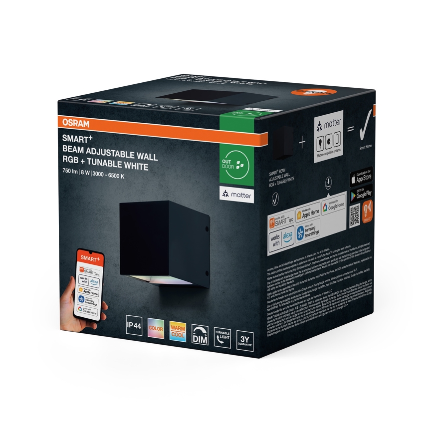 Osram - Aplique de pared exterior regulable LED RGBW SMART+ BEAM LED/8W/230V 3000-6500K IP44 Wi-Fi