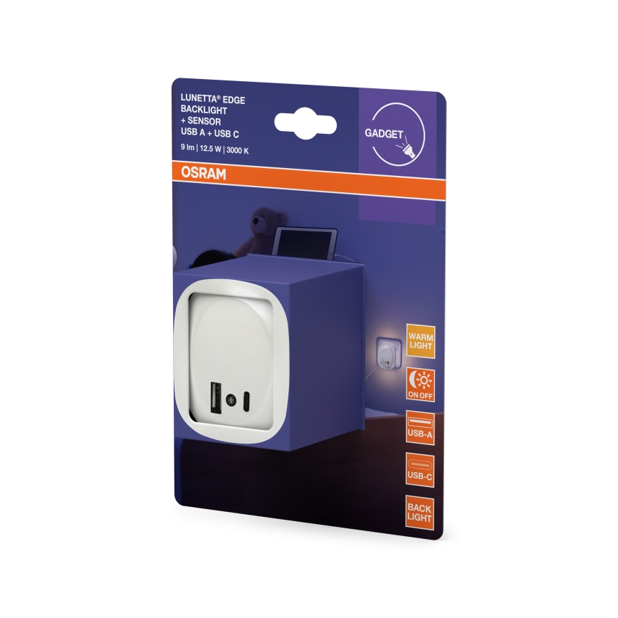 Osram - Luz nocturna LED para enchufe con sensor y USB LUNETTA LED/12,5W/230V blanca