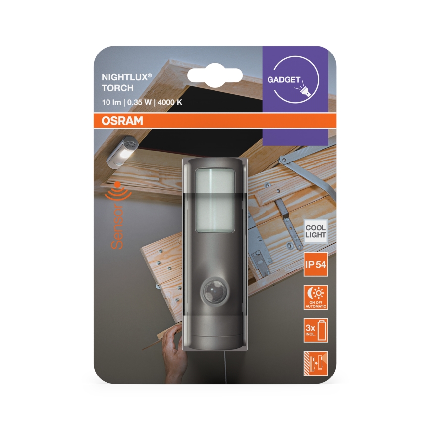 Osram - Lámpara orientativa LED con sensor NIGHTLUX LED/0,35W/3xAAA IP54 plateada