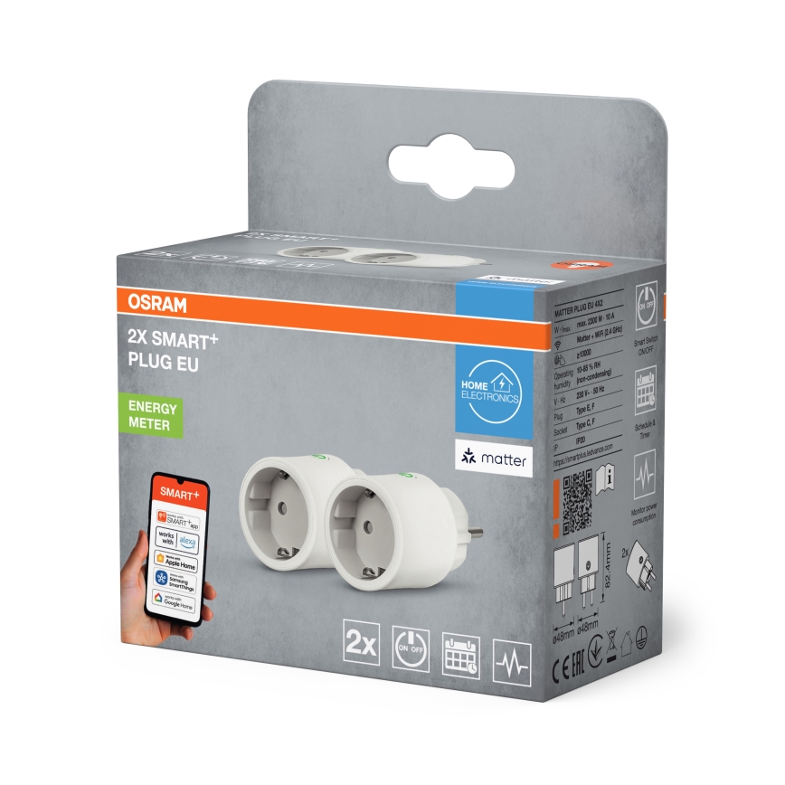 Osram - Pack de 2 enchufes inteligentes SMART+ MATTER SCHUKO 2300W/230V/10A Wi-Fi blanco