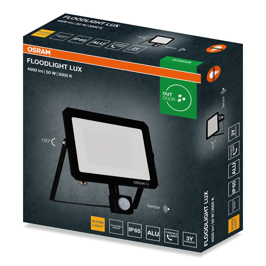 Osram - Reflector LED con sensor de movimiento y de crepúsculo FLOODLIGHT LED/50W/230V 3000K IP65 negro
