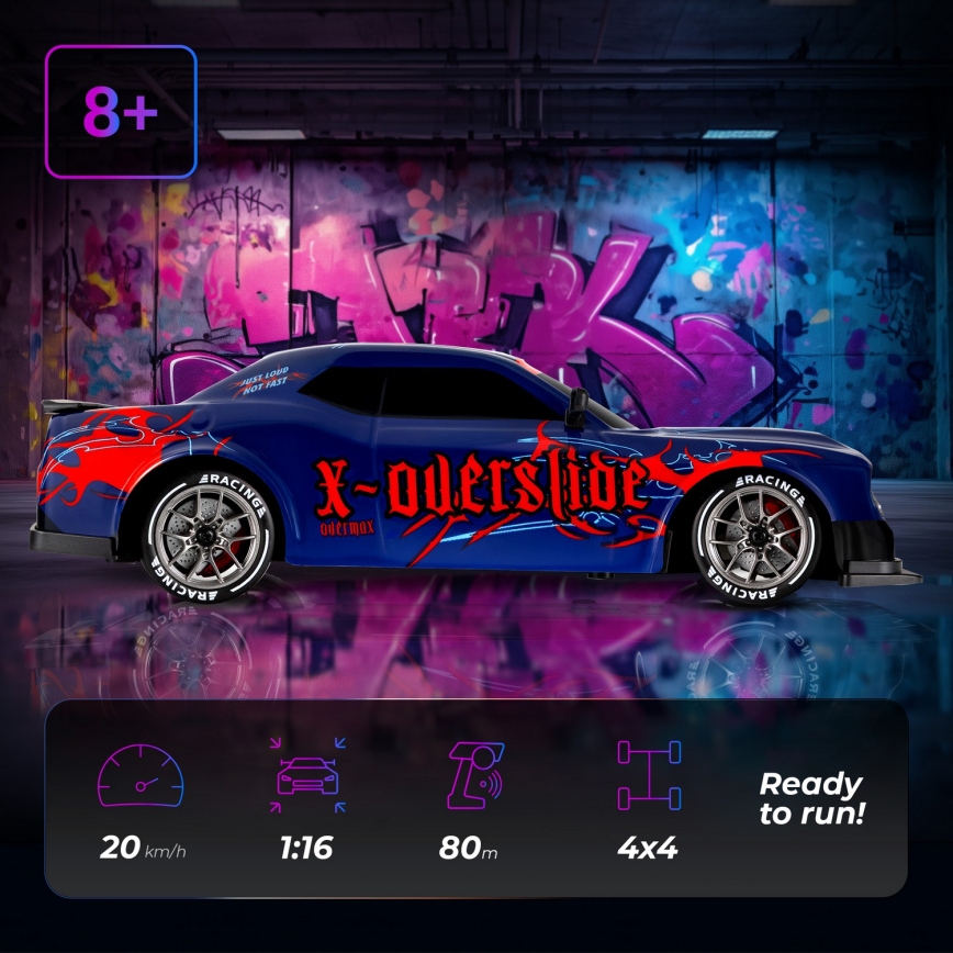 Overmax - coche de drift RC con mando a distancia 2 en 1 X-OVERSLIDE 1000 mAh negro/verde/azul/rojo