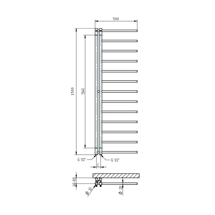 P.M.H. AP2W-L - Radiador toallero tipo escalera para baño APOLLO 346 W 150 cm, derecha/blanco