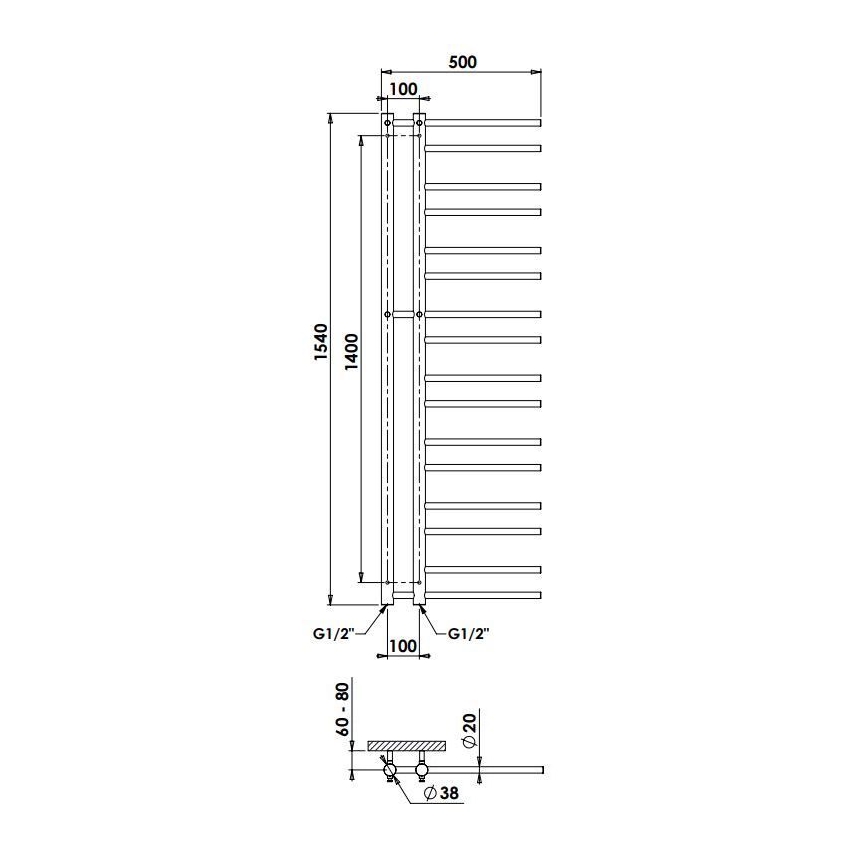 P.M.H. T2B - Radiador toallero para baño THEIA 352 W 154 cm derecha/negro