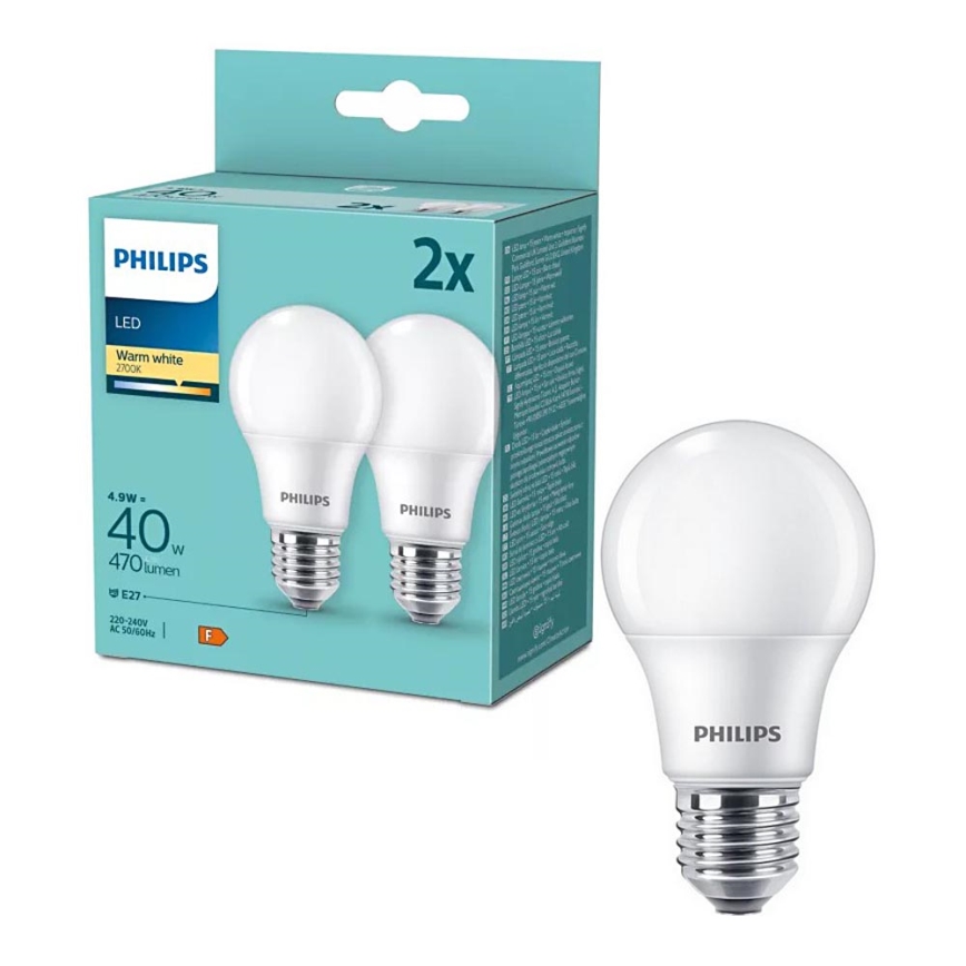 Pack de 2 bombillas LED Philips A60 E27/4,9W/230V 2700K