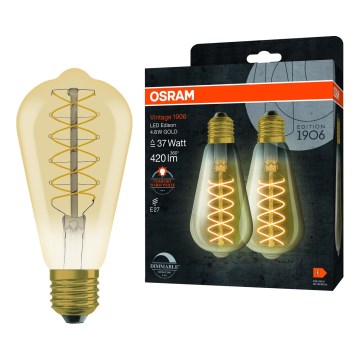 Pack de 2 bombillas LED regulables de filamento vintage E27/4,8W/230V 2200K - Osram