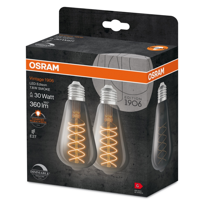 Pack de 2 bombillas LED regulables de filamento vintage E27/4,8W/230V 2200K - Osram