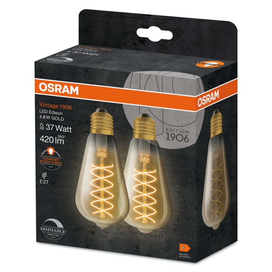 Pack de 2 bombillas LED regulables Filamento vintage E27/7,8W/230V 1800K - Osram