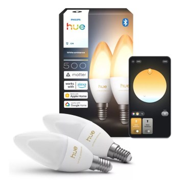 Pack de 2 bombillas LED regulables Philips Hue WHITE AMBIANCE B39 E14/3,7W/230V 1000-20000K