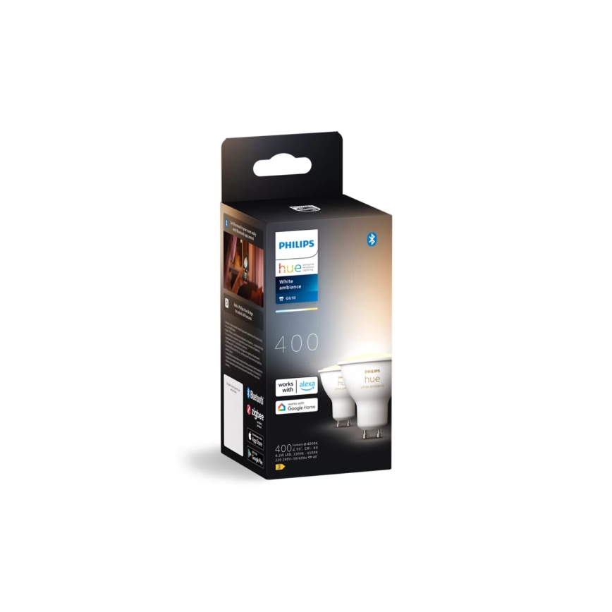 Pack de 2 bombillas LED regulables Philips Hue WHITE AMBIANCE GU10/4,2W/230V 2200-6500K + Hue bridge