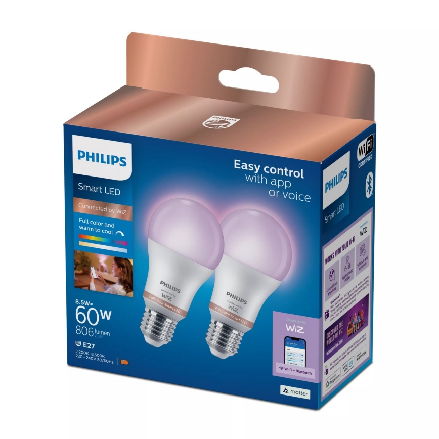 Pack de 2 bombillas LED RGB regulables Philips SMART A60 E27/8,5W/230V 2200-6500K
