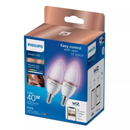 Pack de 2 bombillas LED RGB regulables Philips SMART C37 E14/4,9W/230V 2200-6500K CRI 90