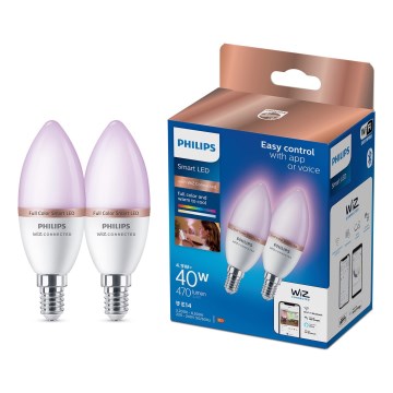 Pack de 2 bombillas LED RGB regulables Philips SMART C37 E14/4,9W/230V 2200-6500K CRI 90