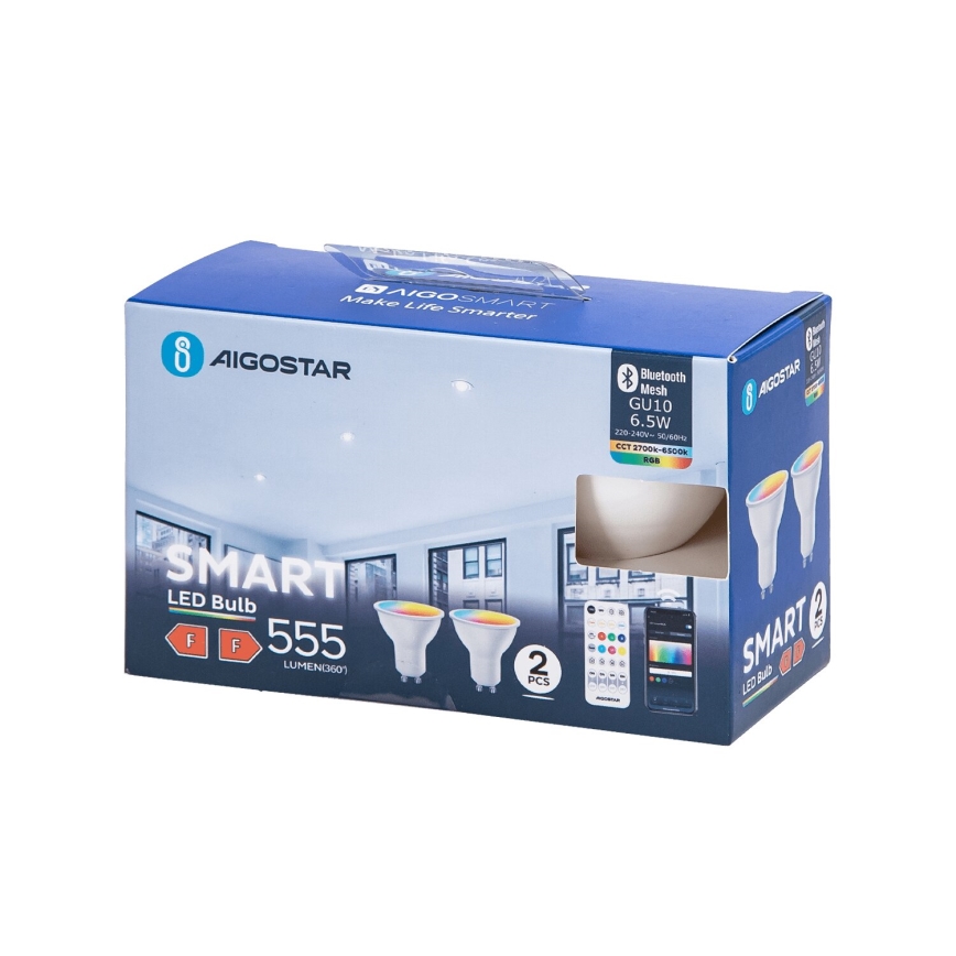 Pack de 2 bombillas LED RGBW regulables MESH Smart GU10/6,5W/230V 2700-6500K + mando a distancia - Aigostar