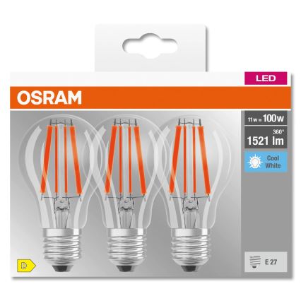 Pack de 3 bombillas LED Base Classic Filament A60 E27/11W/230V 4000K - Osram