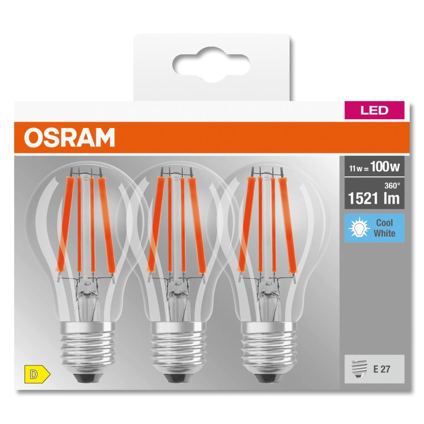 Pack de 3 bombillas LED Base Classic Filament A60 E27/11W/230V 4000K - Osram