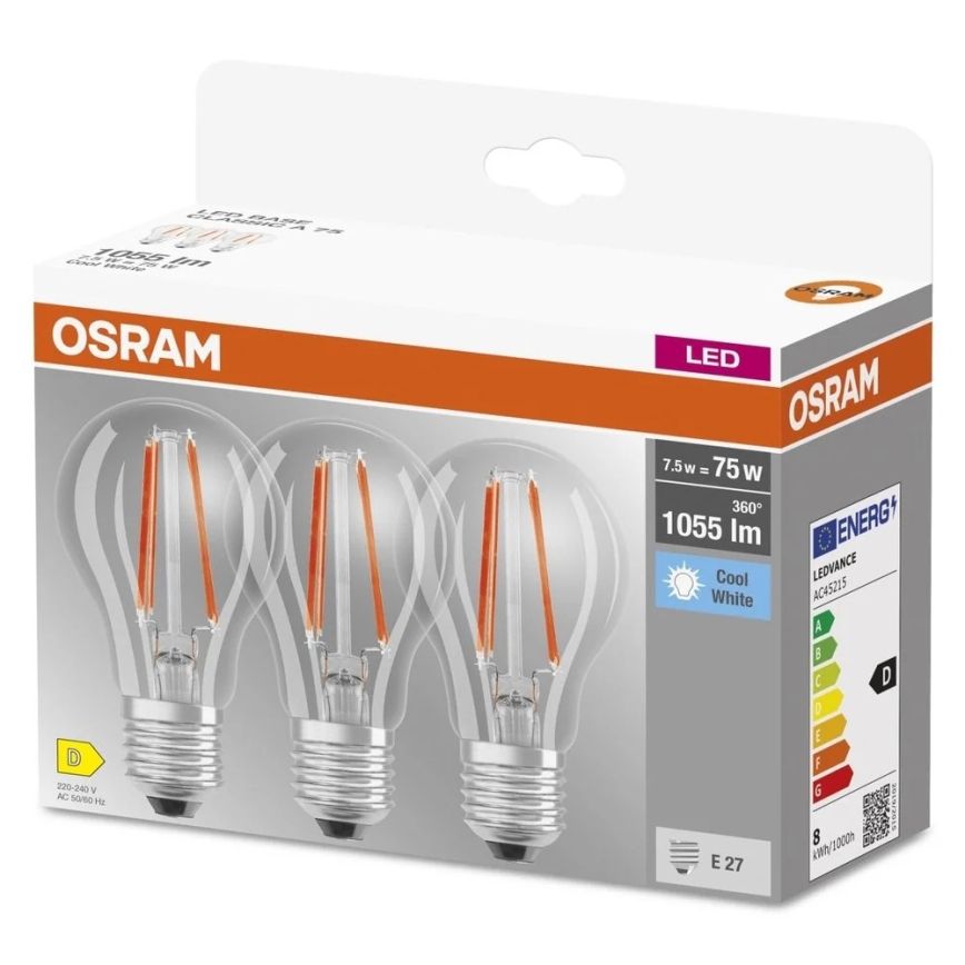 Pack de 3 bombillas LED Base Classic Filament A60 E27/7,5W/230V 4000K - Osram