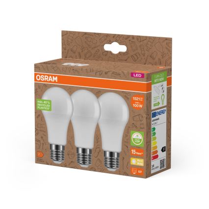 Pack de 3 bombillas LED de plástico reciclado A100 E27/14W/230V 2700K - Osram