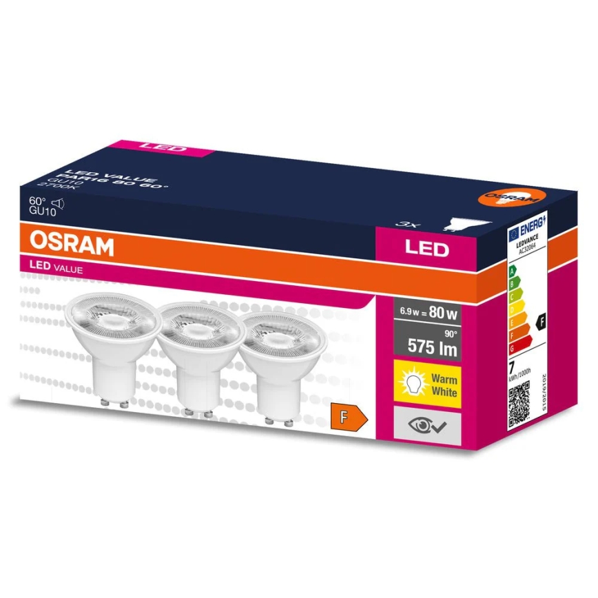 Pack de 3 bombillas LED reflectoras PAR16 GU10/6,9W/230V 2700K 60° - Osram
