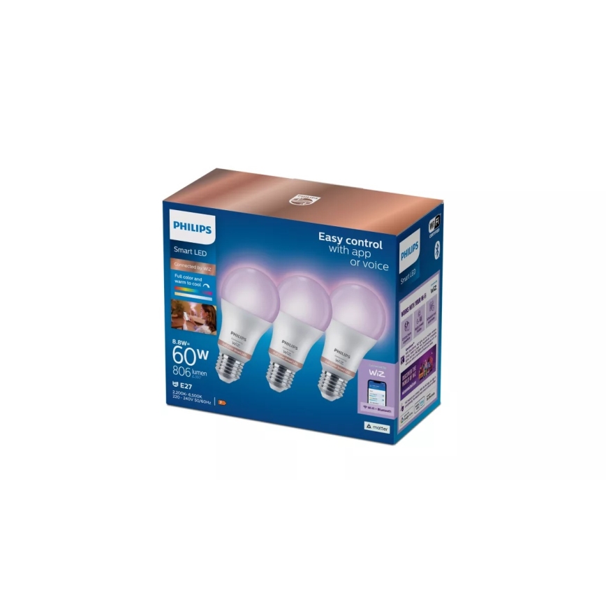 Pack de 3 bombillas LED RGB regulables Philips SMART A60 E27/8,8W/230V 2200-6500K