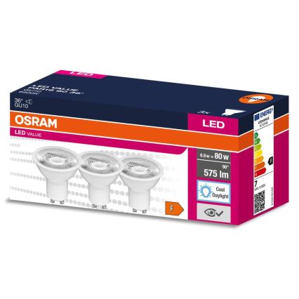 Pack de 3 focos LED PAR16 con casquillo GU10, 6,9 W, 230 V, 6500 K, 36° - Osram