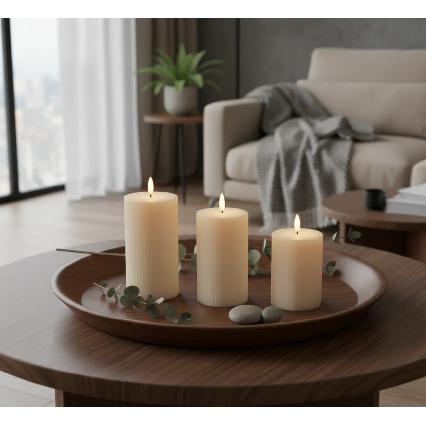 Pack de 3 velas LED BRILLO — color crema, funcionamiento con 3x AAA y mando a distancia