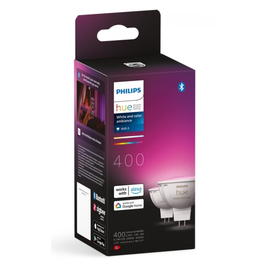 Pack de 4 bombillas LED RGBW regulables Philips Hue WHITE AND COLOR AMBIANCE GU5,3/MR16/6,3W/12V 2000-6500K