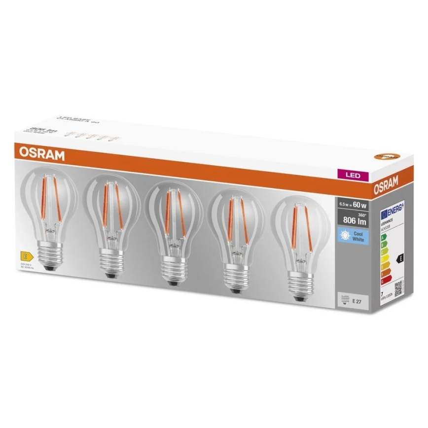Pack de 5 bombillas LED BASE CLASSIC FILAMENT A60 E27/7W/230V 4000K - Osram