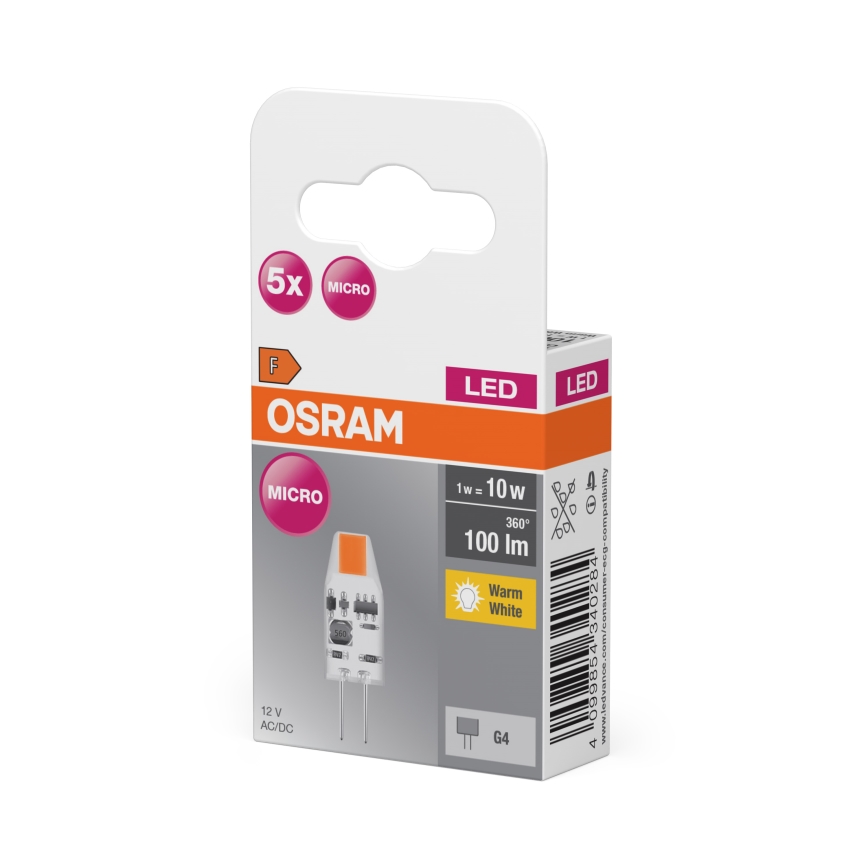 Pack de 5 bombillas LED micro PIN G4, 1W, 12V, 2700K - Osram