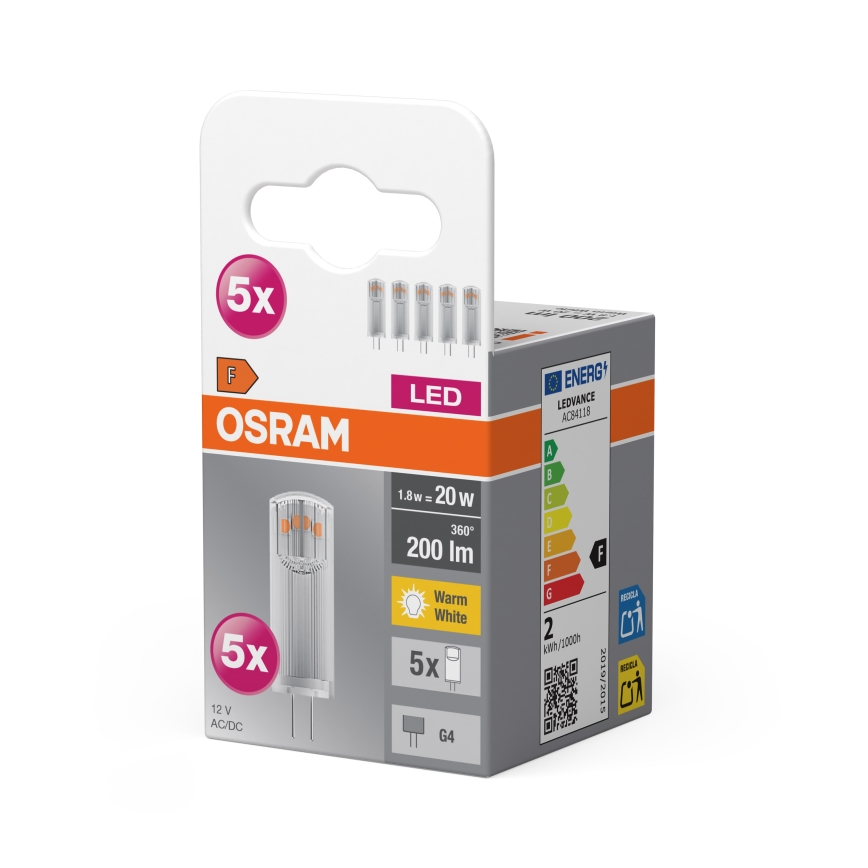 Pack de 5 bombillas LED PIN G4/1,8W/12V 2700K - Osram