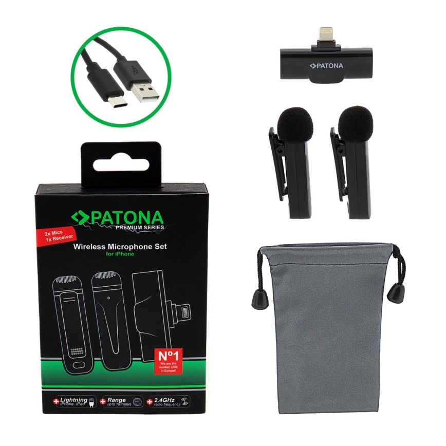 PATONA - SET 2x Micrófono inalámbrico con clip para iPhones USB-C 5V 50 mAh